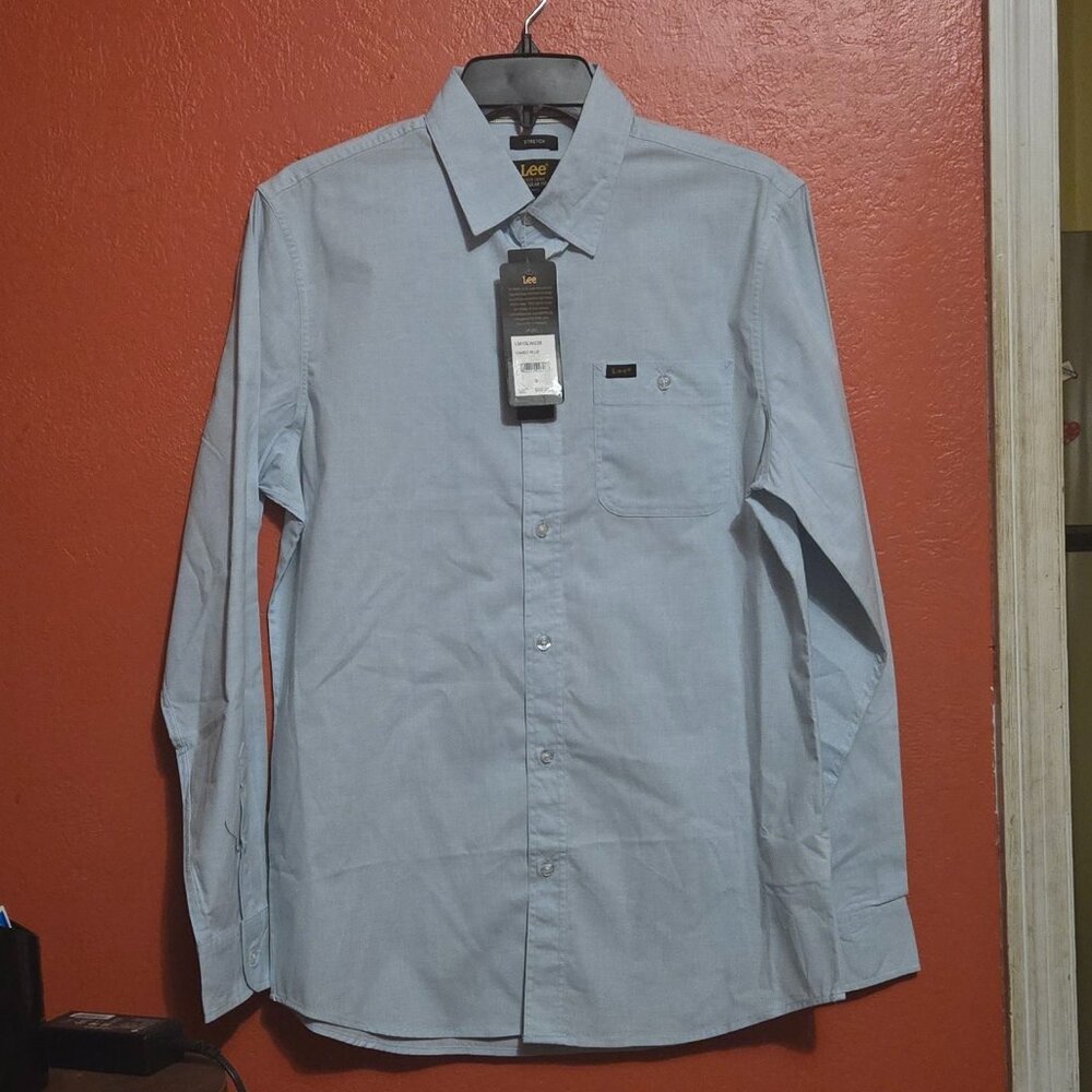 Lee Men’s Cameo Blue Butt Shirt Small Stretch Regular Fit Long Sleeve